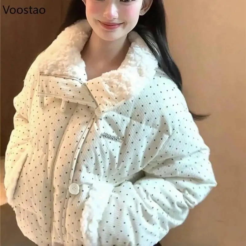 Kawaii Korean Style Women Parkas Autumn Winter Casual Plush Patchwork Lined Down Polka Dot Print Jacket Loose Warm Padded Coat