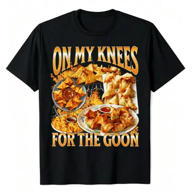 Crispy Fried Wonton Retro Bootleg Style Food Graphic Print Short Sleeve T-Shirt, Unisex Summer Vacation Back To School Food Lover Casual Tops, 100% Pure Cotton Printed Craft Summervibes Tee, Soft Breathable Loose Fit daily outfits