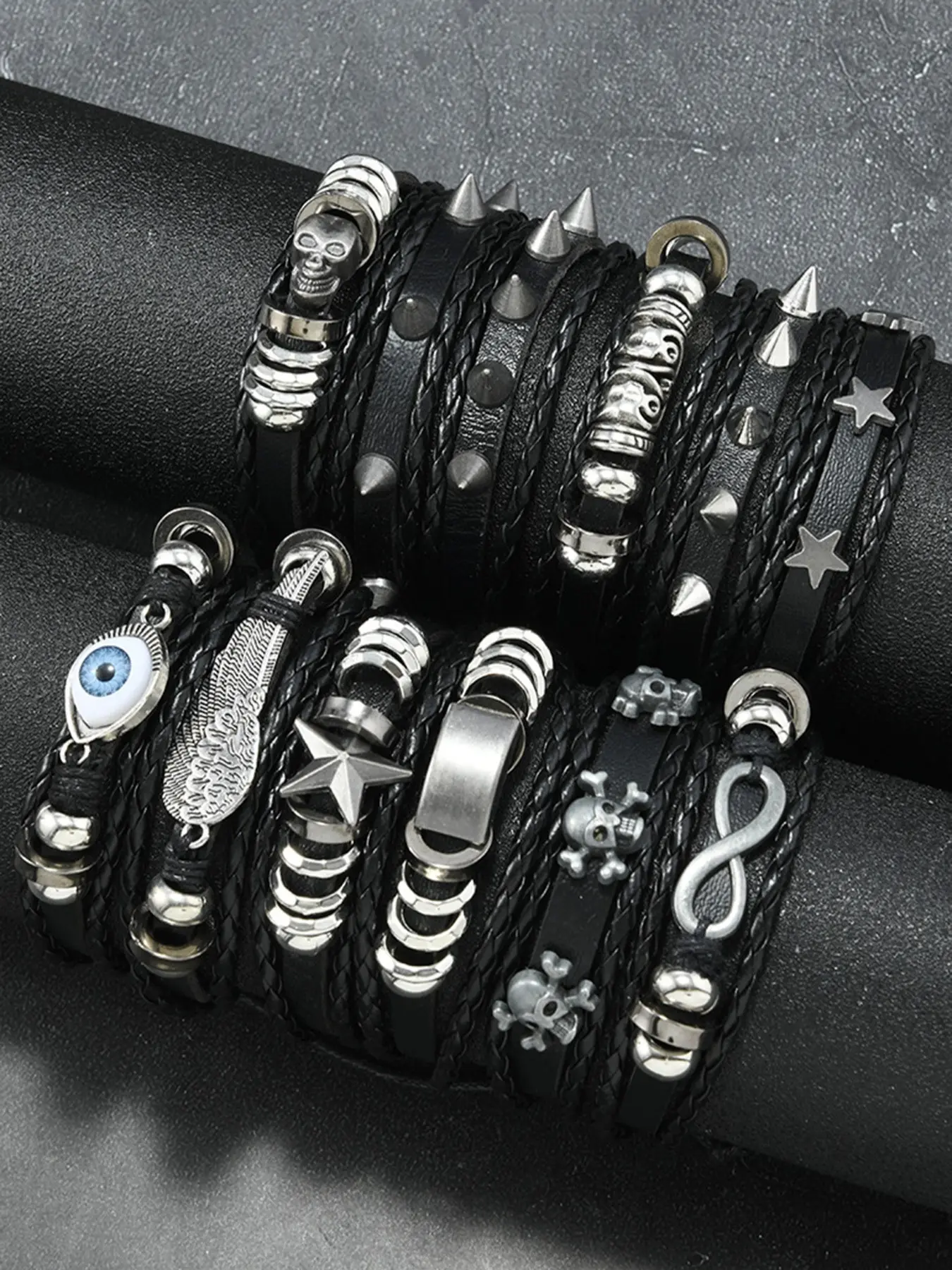 12-Piece Punk Style PU Leather Braided Bracelets for Men and Women, Unique Star Skull Design, Perfect for Daily Wear and Parties, Gift Idea