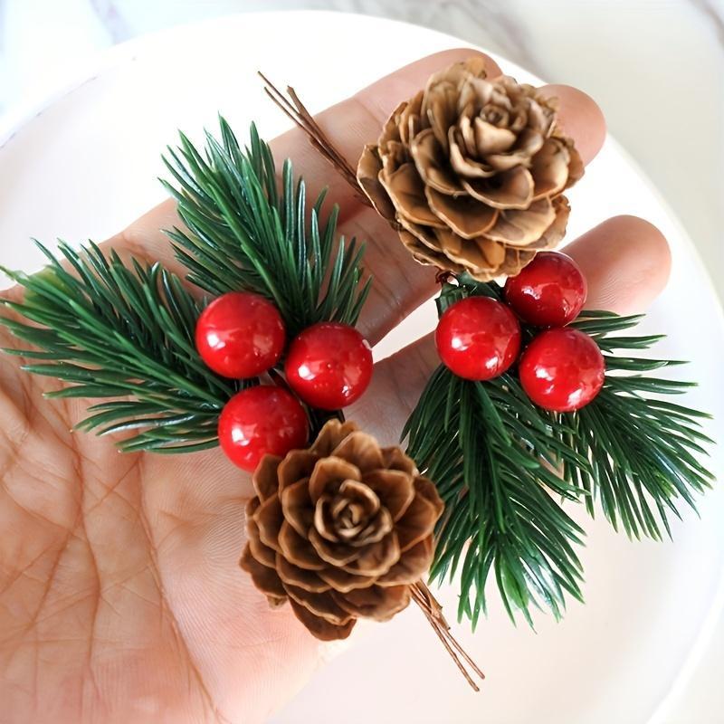 10pcs Artificial Pine Cones & Red Berry Stems, Realistic Evergreen Christmas Tree Decorations, Holiday Home Accents
