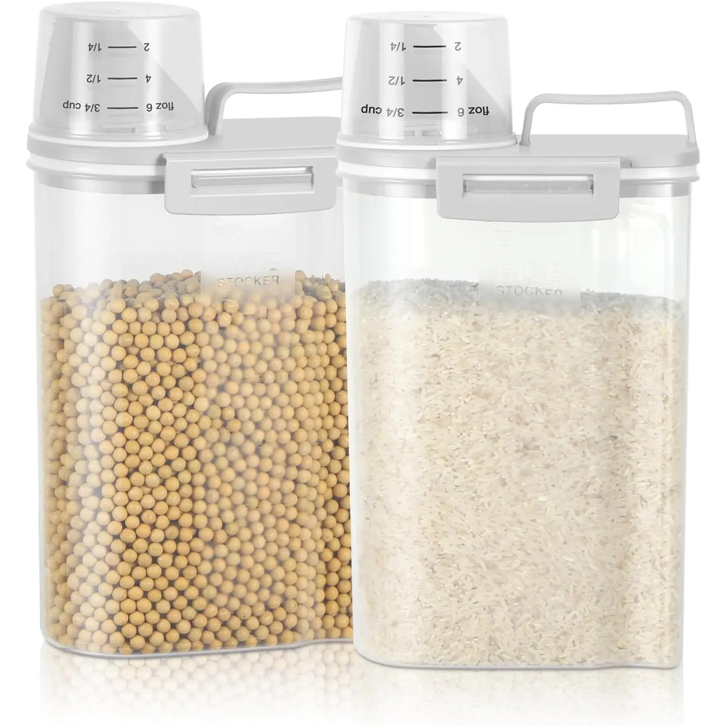 Rice Storage Container 2 Pack, Plastic Kitchen Pantry Food Storage Container with Cup, Small Pet Dog Cat Food Container Dispenser