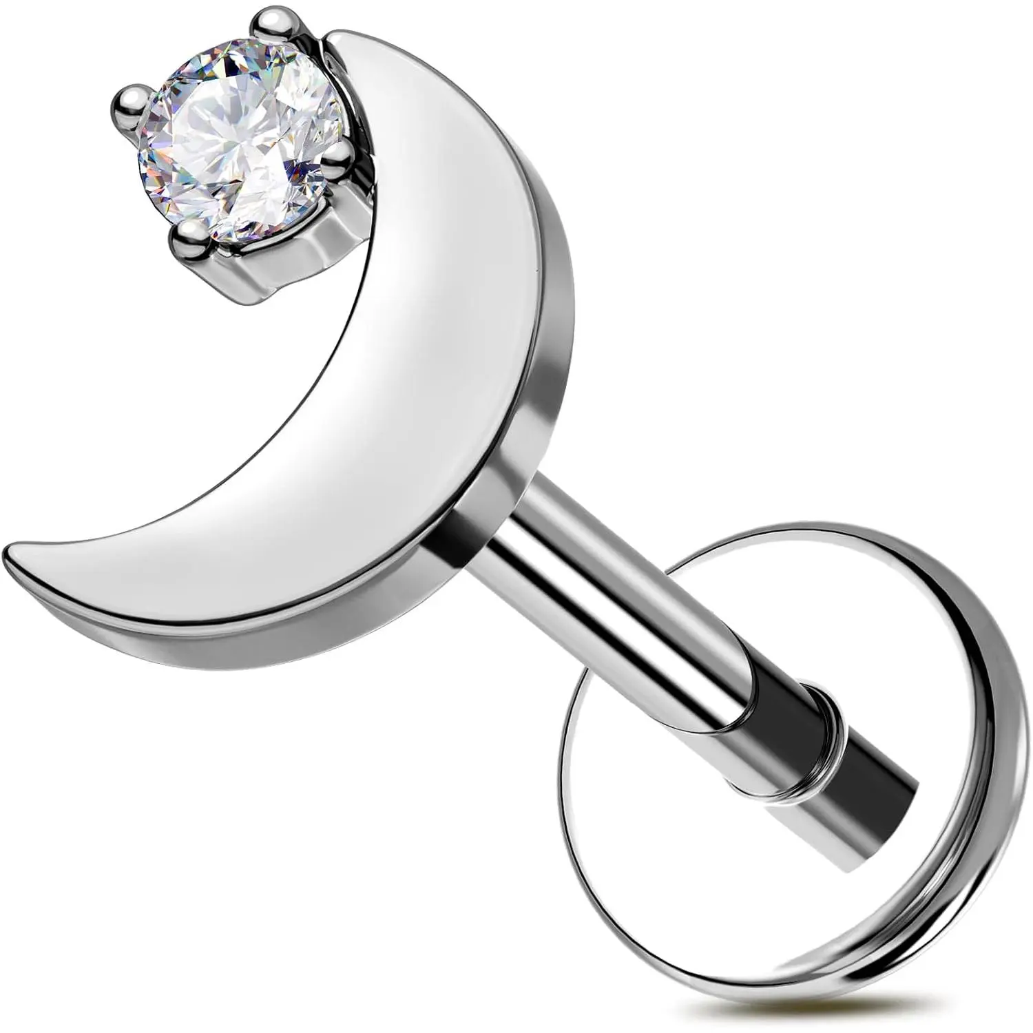 18G Moon Cartilage Piercling -G23 Titanium Flat  Push Pin  Helix Earrings, Shiny  CZ Tragus Lobe Rook Helix