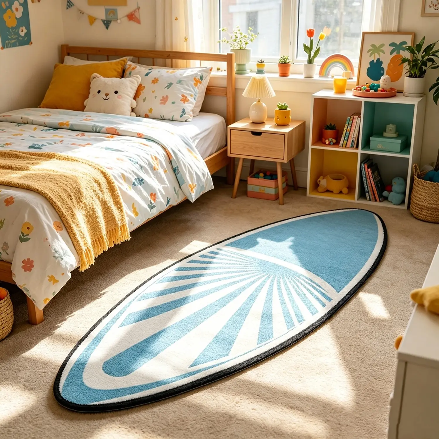1 PC Blue Surfboard Rug, Coastal Style Decorative Mat, Summer Beach Vibes, Bedroom Sofa Accent, Textile Material, Decorative Rugs