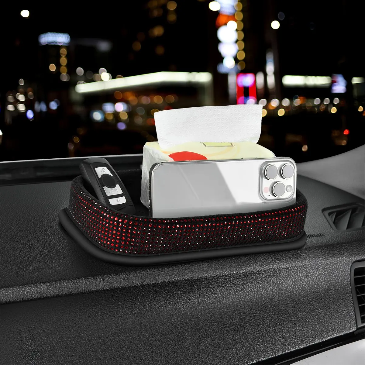 Shiny Rhinestone Car Dashboard Organizer, Luxury Vehicle Storage Tray, Multi-Functional Home Office Holder, Small Item Tray