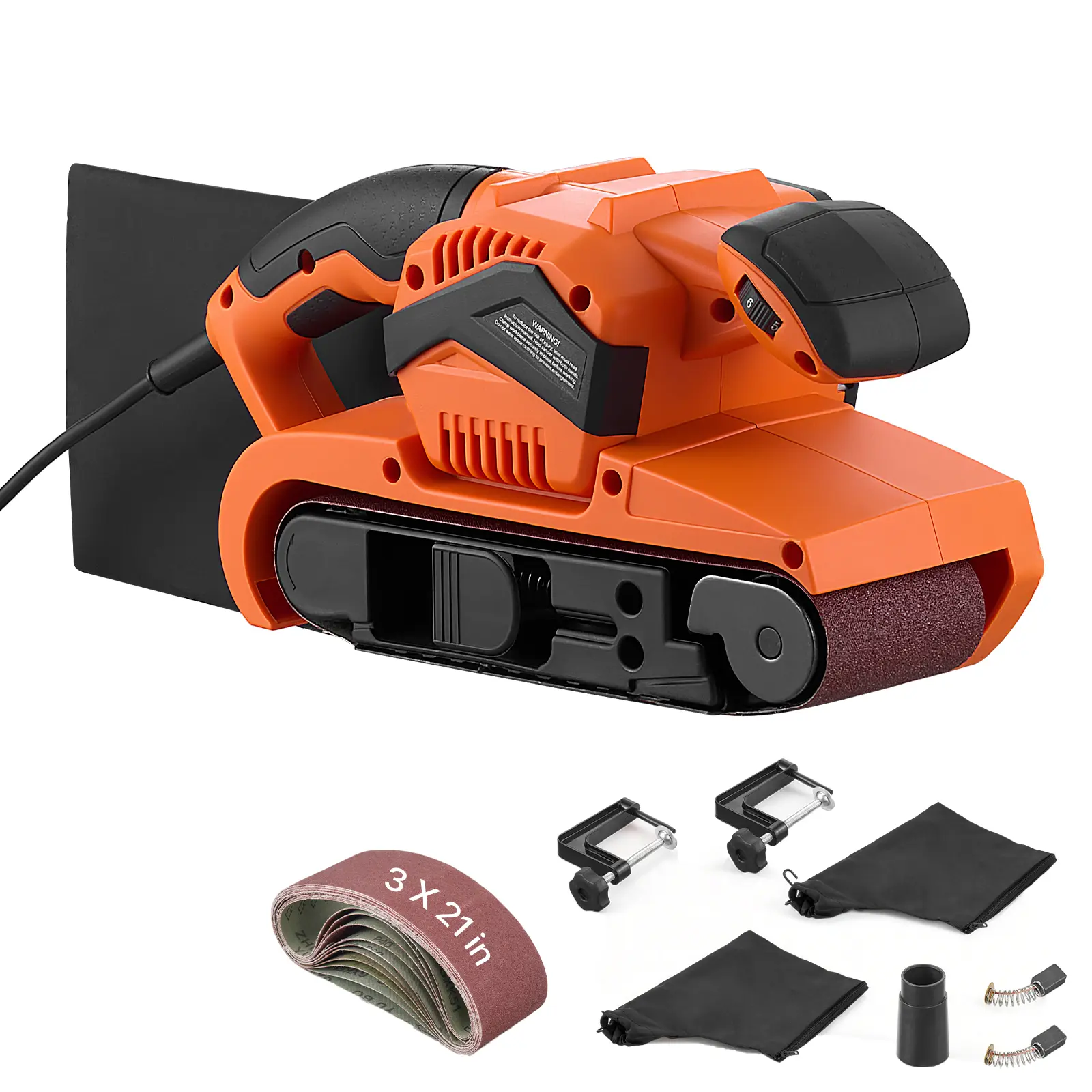 7A Belt Sander 3" x 21" Woodworking Belt Sander 6 Speeds 630-1200 FPM, 2-in-1 Handheld & Benchtop Sanding Machine with 2 Dust Bags, 10PCS Sanding Belts & 2 Clamps for Woodworking Projects