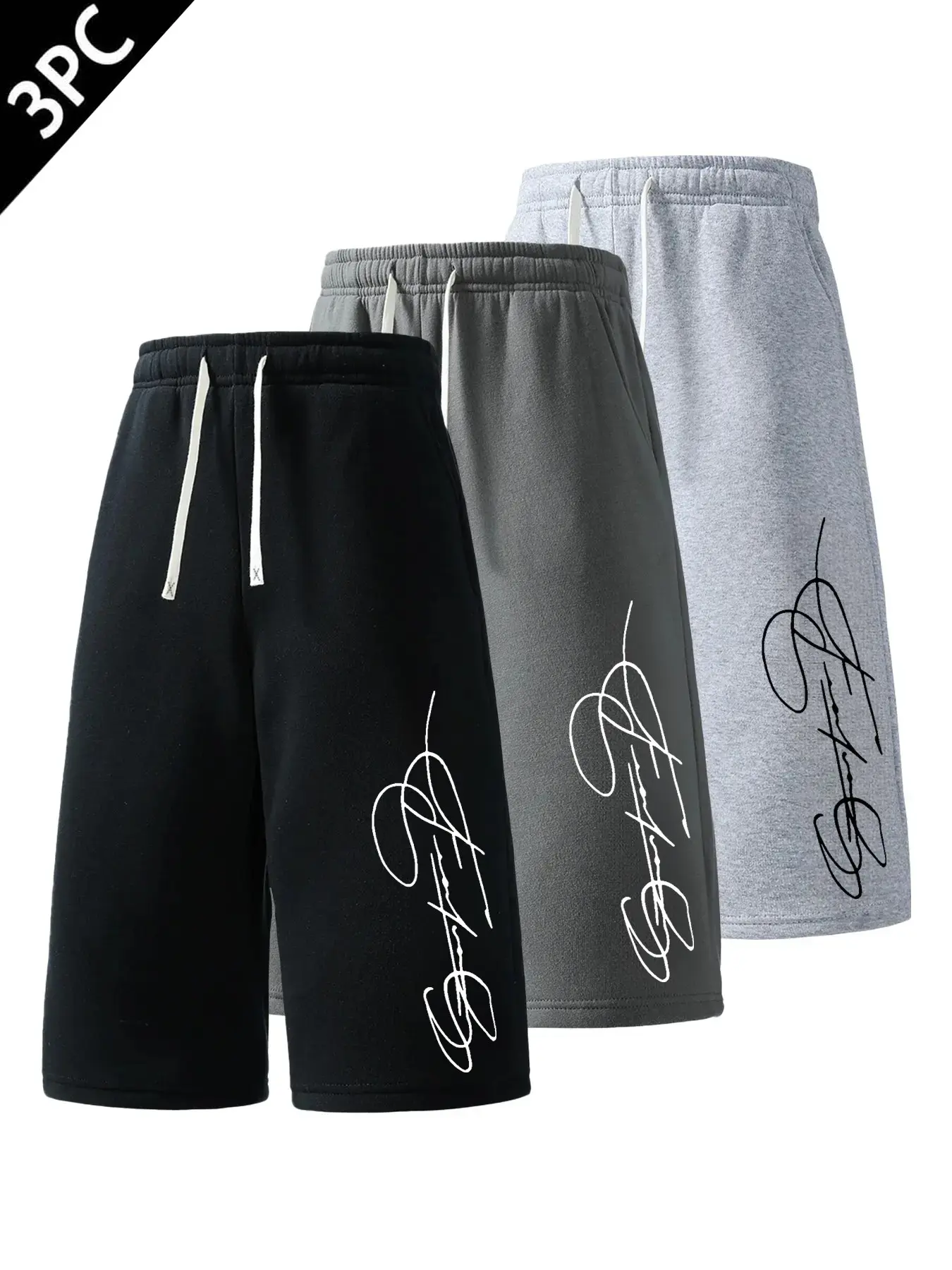 3 Pack Unisex Minimal Casual Sweat Shorts & Capri Pants Soft Light Fleece Solid Black Dark Gray Heather Light Grey Vertical Cursive Handwriting Signature Print Elastic Drawstring High Waist Relaxed Five Point Bermuda Jogger Bottoms For Sport Campus Daily