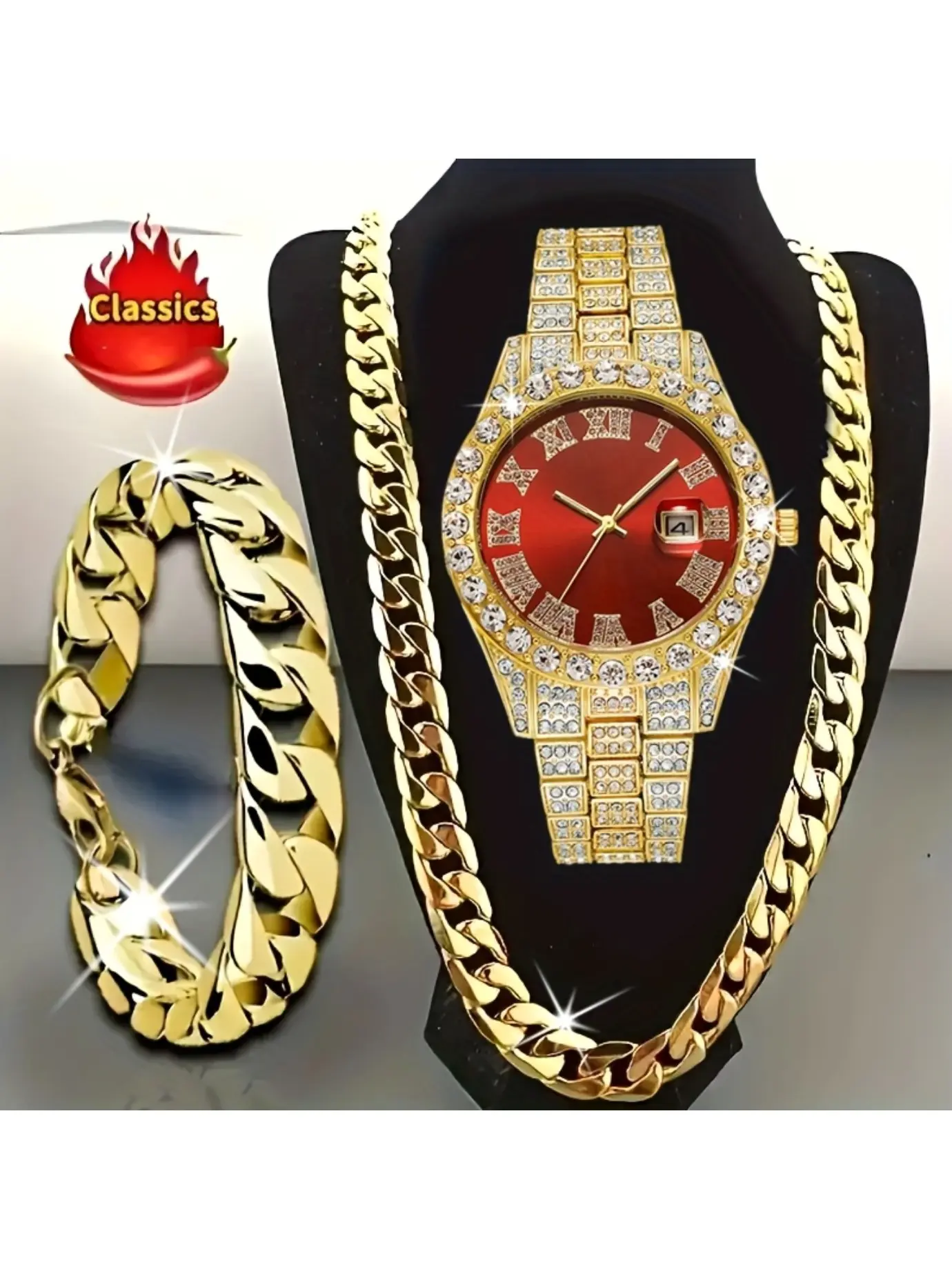 3pcs Gorgeous Men's Watch+Cuban Bracelet Set, Trendy Business Fashion Men's Daily Wear, Light Luxury Sports Men's Watch, Designed and Created for Men, Thanksgiving Anniversary, Birthday Carnival Shopping Festival, Suitable Gift for Him on Festivals