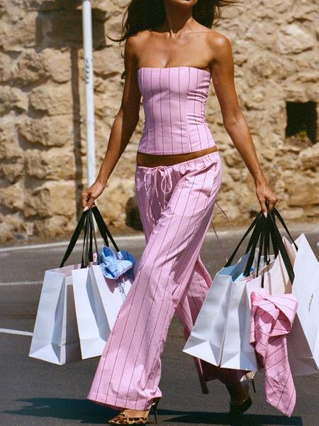 Women Striped Strapless Corset Top & Wide Leg Pants 2 Piece Set Sexy Daily Outfits Women Sets