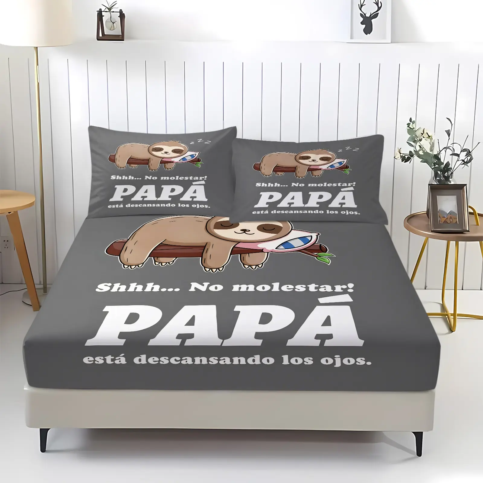 Funny Spanish "Dad Resting" Fitted Sheet Set With 2 Pillowcases, Cute Sloth Print & "No Molestar Al Papa" Slogan, Stretch Full Wrap Non-Slip Bedding, , Soft Stretch Breathable Fabric, Unique Father’s Day Gift For Spanish-Speaking Dads