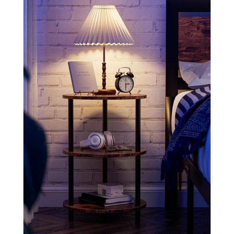 Small Round End Table 3-Tier Accent Table Nightstand for Bedroom Living Room Small Spaces Industrial Vintage Side Table Couch Organizer Bedside Display Stand Rustic Brown Home Gift