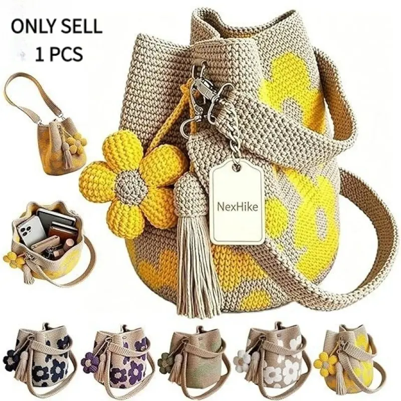 Handmade Crochet Bags for Women,Roomy 3D Flower Bucket Bag & Floral Tassel Charm,Elevate Your Boho Style!Woven Tote Bag Crochet Handbags for Summer Beach Vacation & Daily Shopping Girls
