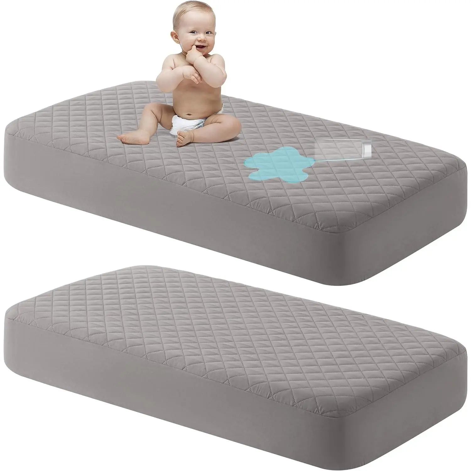 2 Pack Waterproof Mini Crib Mattress Protector, Quilted 24"x38" Fitted Mattress Cover - Machine Washable - Soft Baby Mattress Pad Sheet for Mini Crib and Baby Playards, Smoke Grey