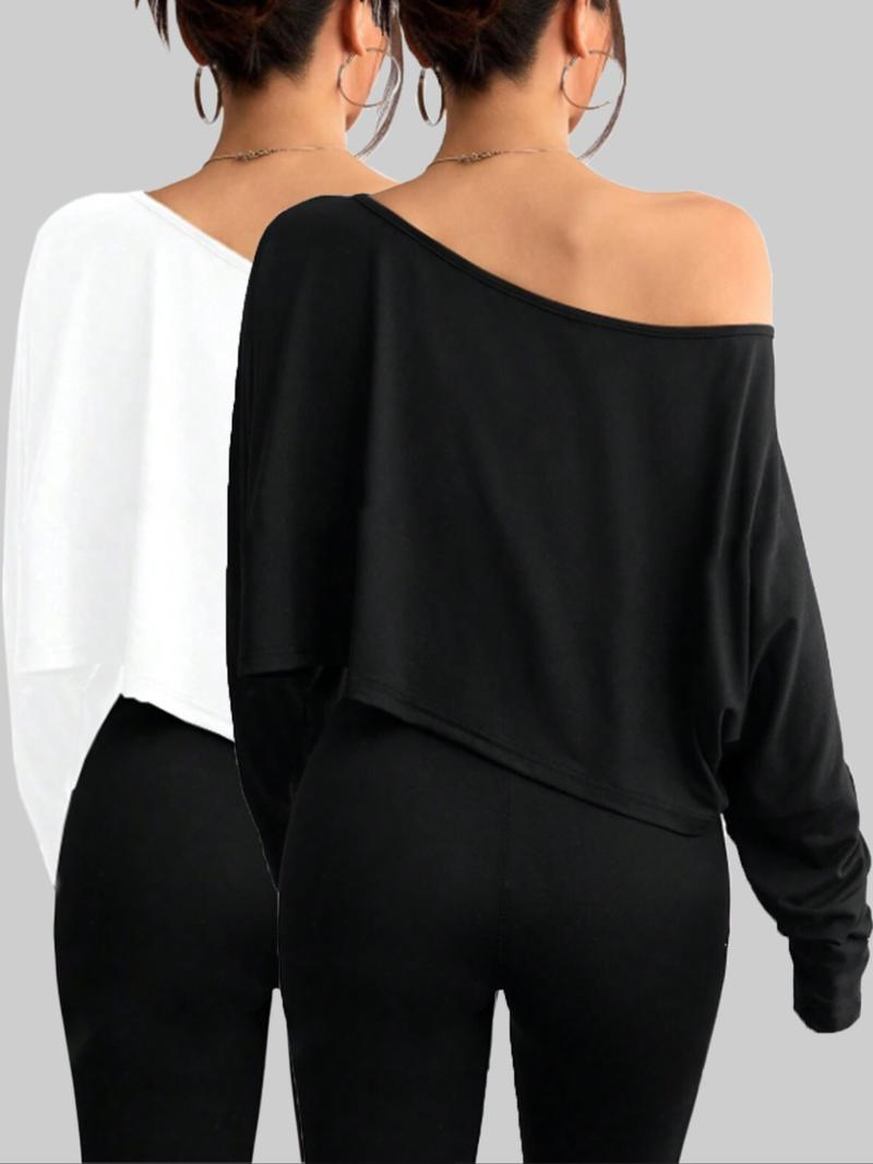 Women's Solid Off Shoulder Loose Tee, Casual Long Sleeve Crop Top for Daily Holiday Outdoor Wear, Everyday Ladies Clothes for All Seasons