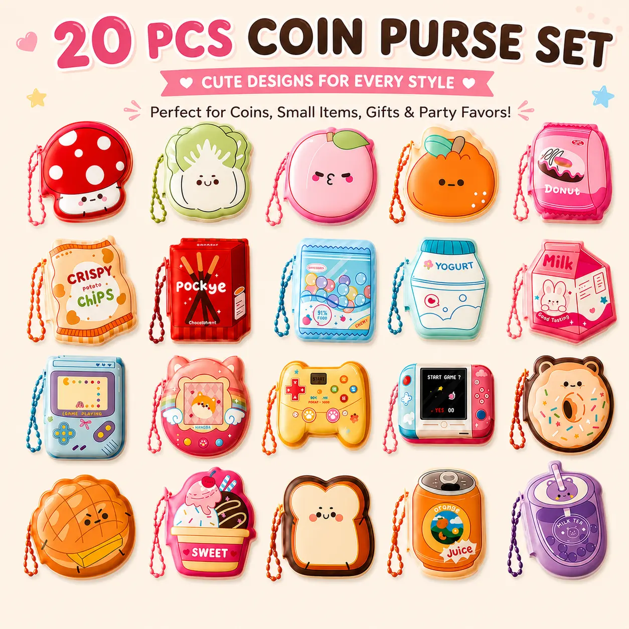 ONESHOW HOME 20 Pack Cute Sticky Notes with Chain, Kawaii Mini Squishy Memo Pads, 5 Series 20 Styles Portable Shaped Notepads for Journaling, Planner, School, Office, Gifts & Party Favors
