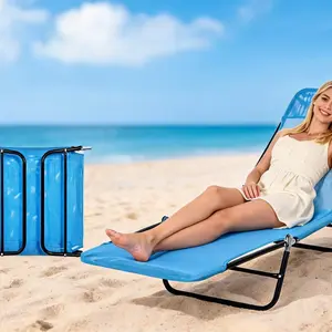 Outdoor Chaise Lounge with Detachable Pillow, Reclining Folding Chair with 5-Position Adjustable Back, Portable Tanning Chair for Beach, Pool, Lawn, Breathable Mesh Seat, No Assembly