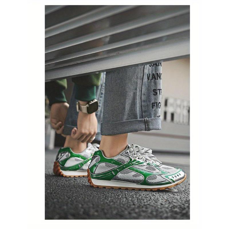 Metallic Mesh Paneled Retro Sneakers, Chunky Gum Sole, Multi Colorway Casual Streetwear Shoes for American Fashion Lovers
