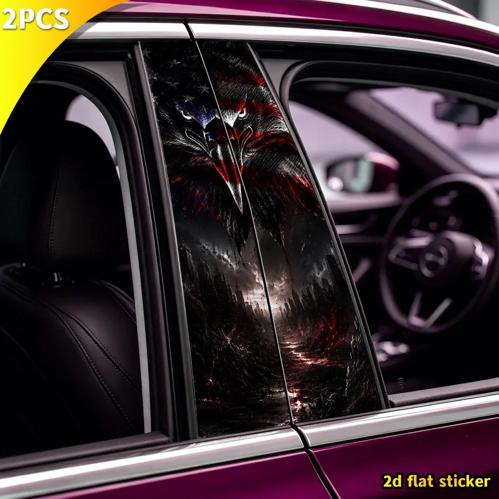 2pcs Cool Star-Spangled Bald Eagle City Pattern Car B Pillar Sticker, Ink Flow Dark Rock Cloud Art, Scratch-Resistant Waterproof Body Modification