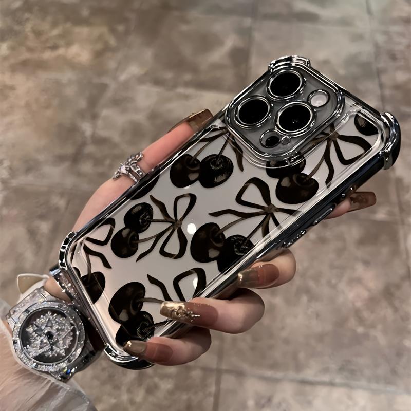 Black Cherry Pattern Four-corner Thickened Mobile Phone Case for iPhone 17 Air 16 15 14 13 12 11 Pro Max Plus border Electroplating with counter-fall Safety Cushion 2D printing Decorative Smartphone Protector Protection