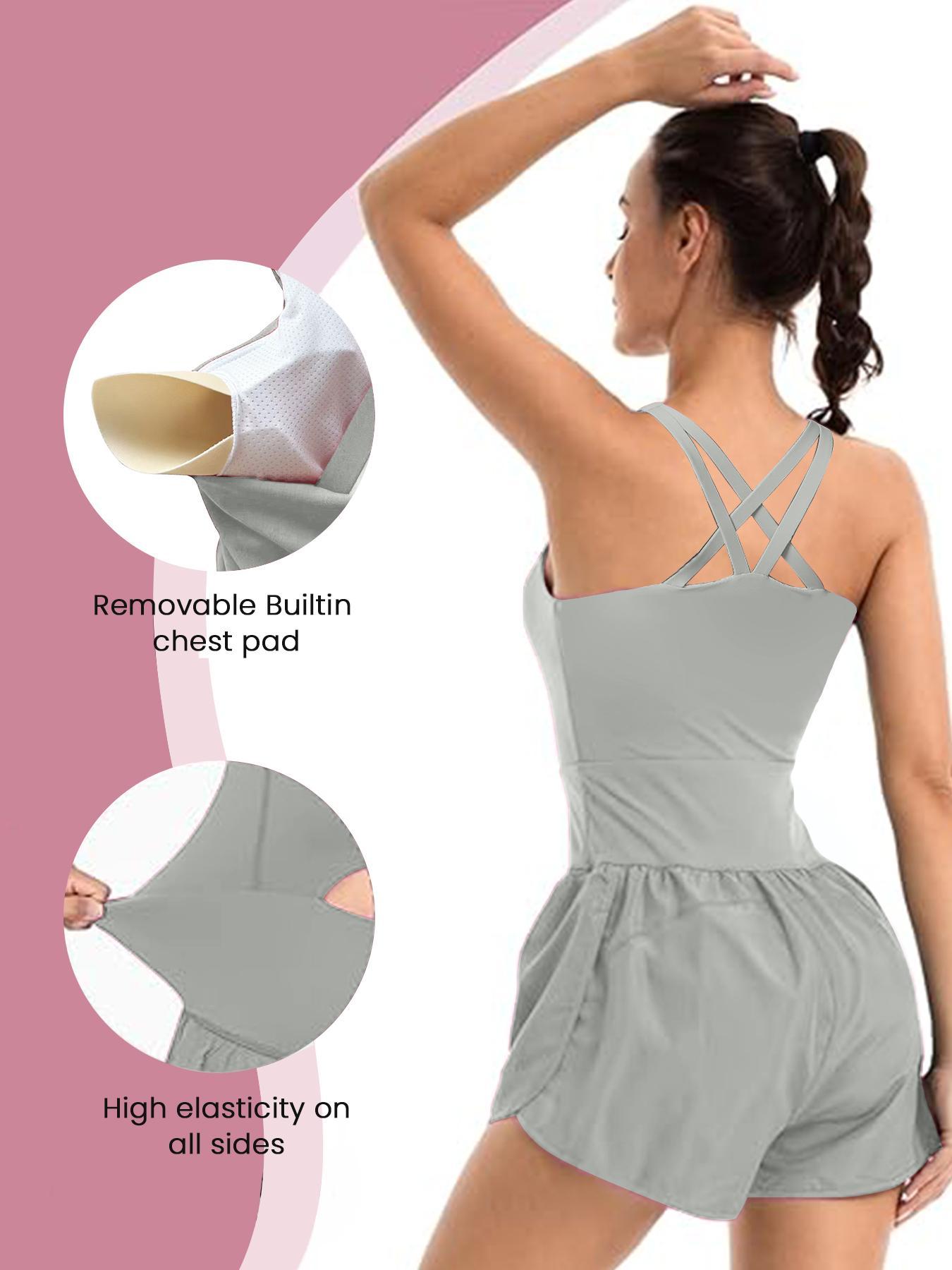 Women's Solid Color Racer Back Sports Romper with Removable Chest Pad, Casual Comfy Breathable Sleeveless Jumpsuit for Yoga Gym Workout, Ladies Sportswear for All Seasons, Sporty Jumpsuit