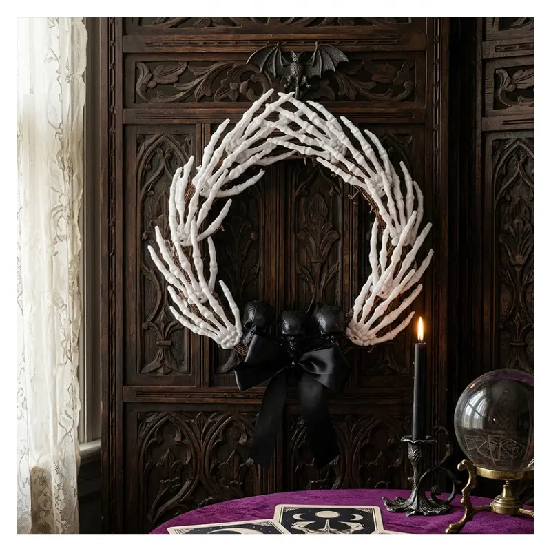 Gothic Spooky Halloween Skeleton Hand Wreath with Bow for Unique Haunted Scene