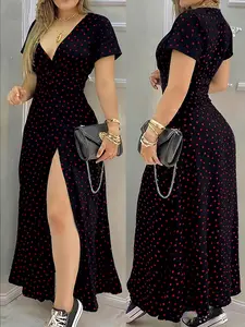 Elegant Boho V-Neck Polka Dot Print Dress, Summer Fashion Short Sleeve Waist Cinch Split Dress, Slim Fit Party for Women