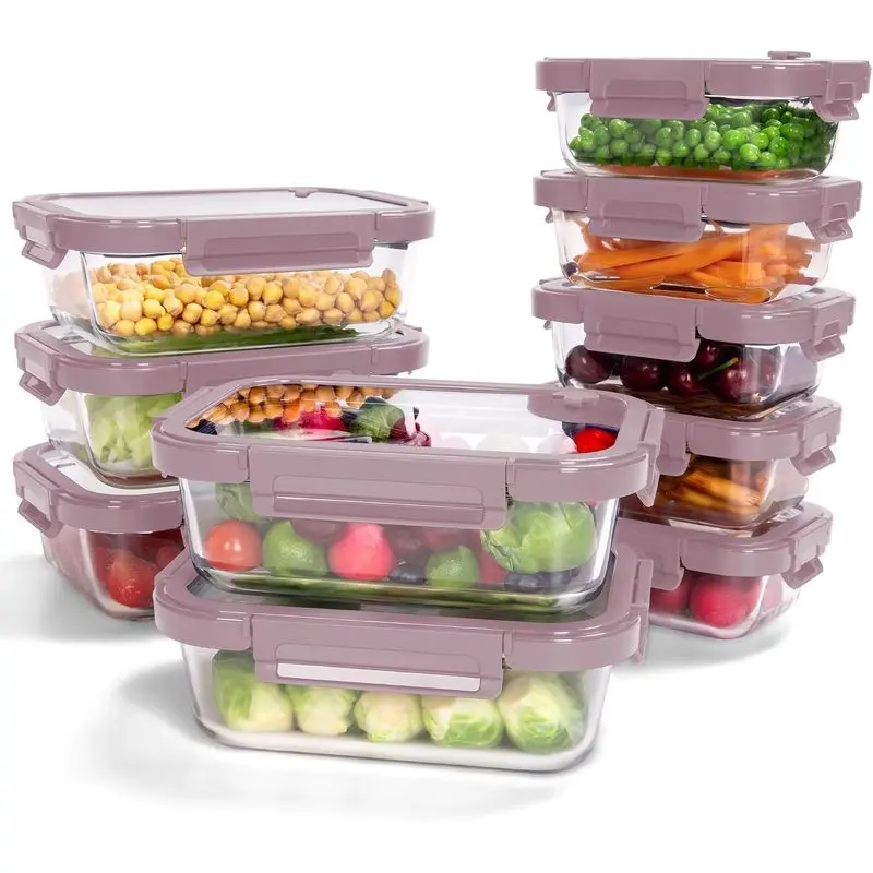 10-Pack Glass Food Storage Containers with Tempered Glass Lids – Borosilicate, Airtight, Oven-Safe (-4 ° F~950 ° F), BPA-Free, 4.4 & 1.6 Cup, Leak-Proof, Dishwasher Safe (Pink)