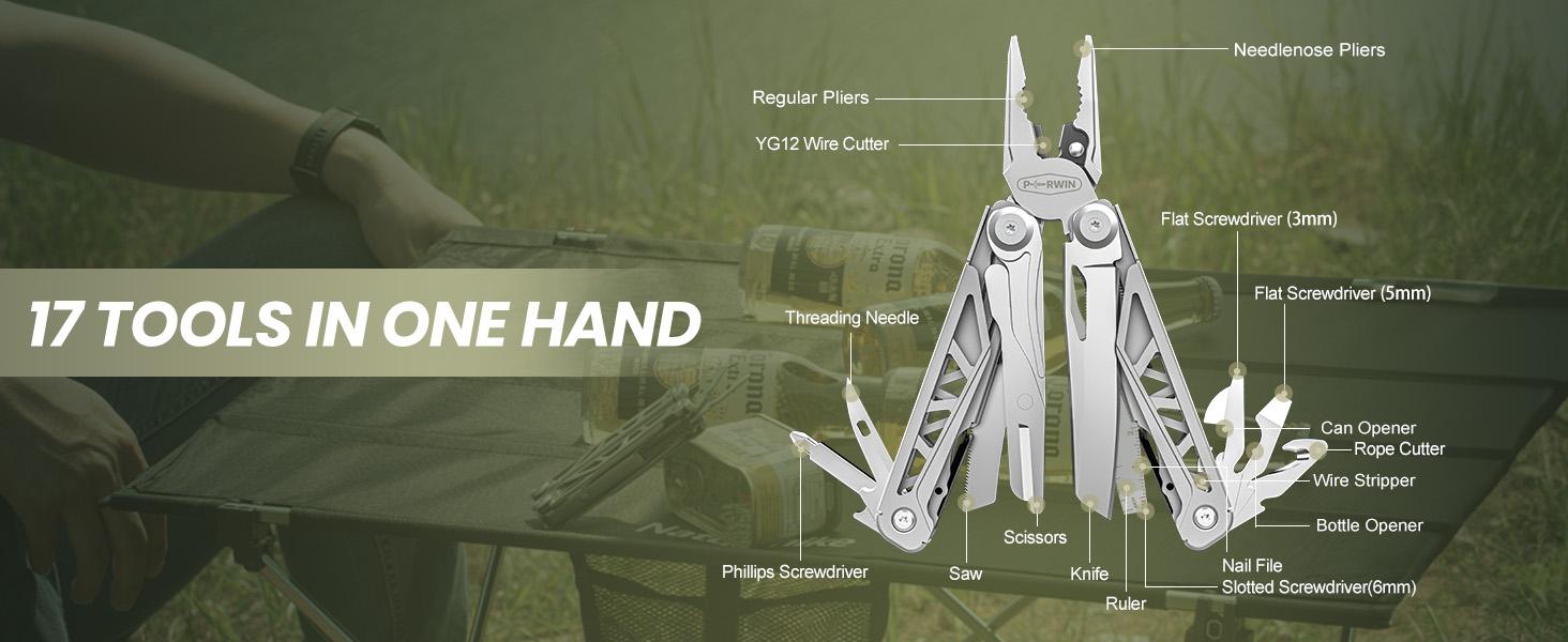 Multitool, 17-in-1 Stainless Steel Multi Tool Pliers with Self-Locking, Pocket Knife, Nylon Sheath, Professional (EDC) Multi-Tool for Survival, Camping, Hunting, Hiking, Gifts for Men
