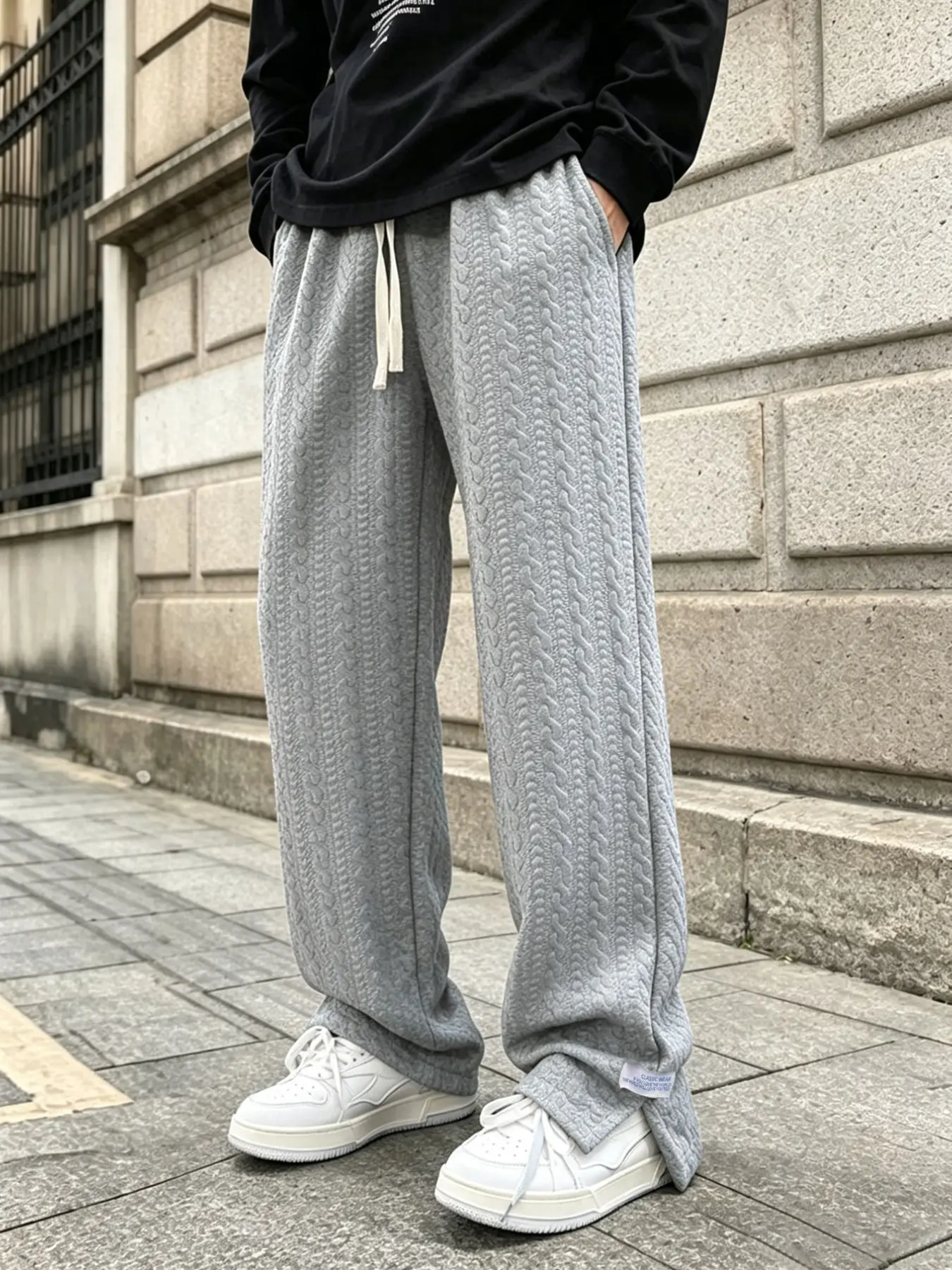 Men's Casual Loungewear Pants, Loose Textured Jacquard Sweatpants, Drawstring Elastic Waist, Slant Pockets, Ideal for Daily Wear and Outdoor Activities