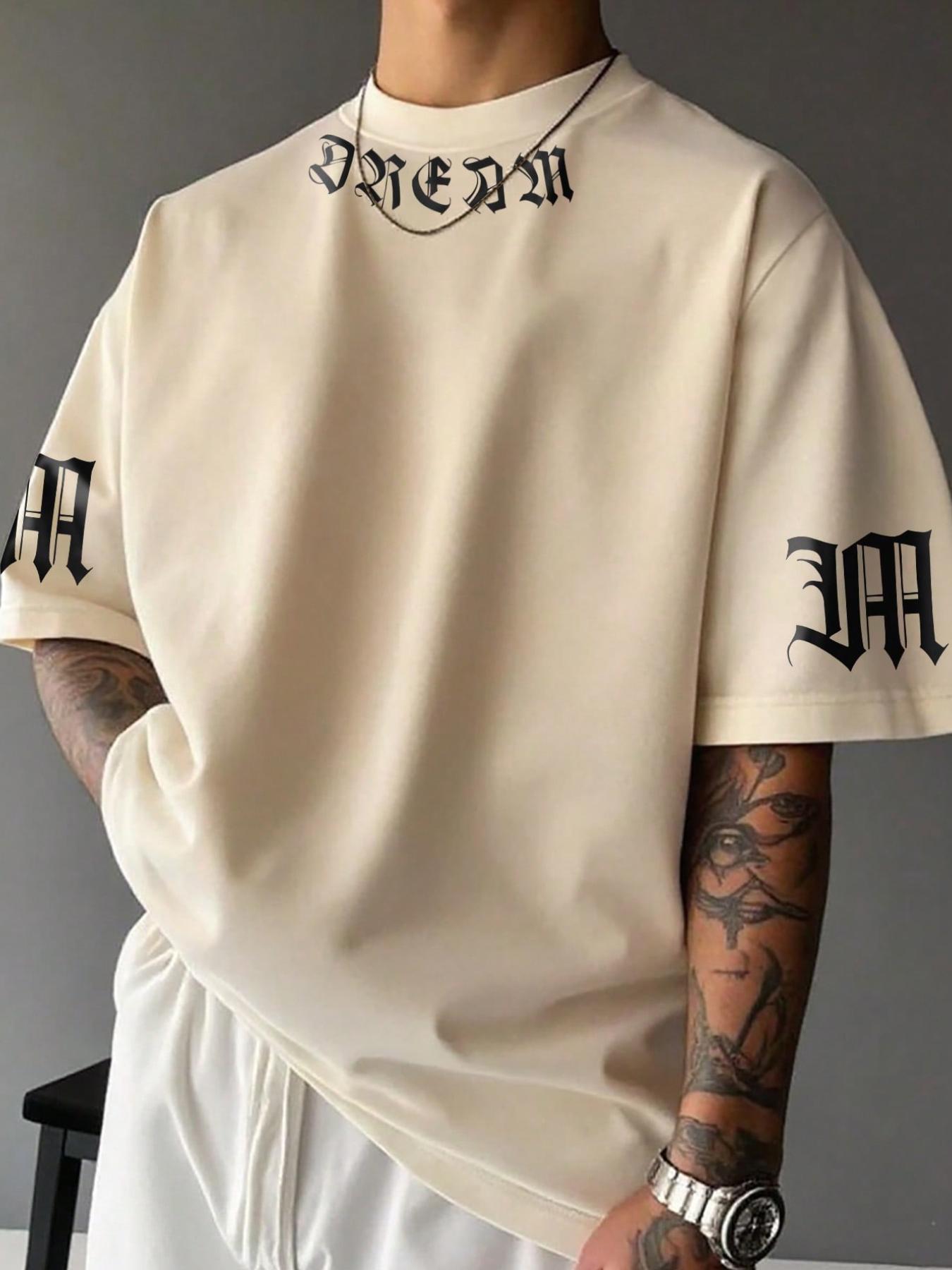 Men's Stylish Casual Round Neck T-Shirt with English Print, Breathable Polyester Fabric, Comfortable Fitted Design for Everyday Wear, Casual Style Tee