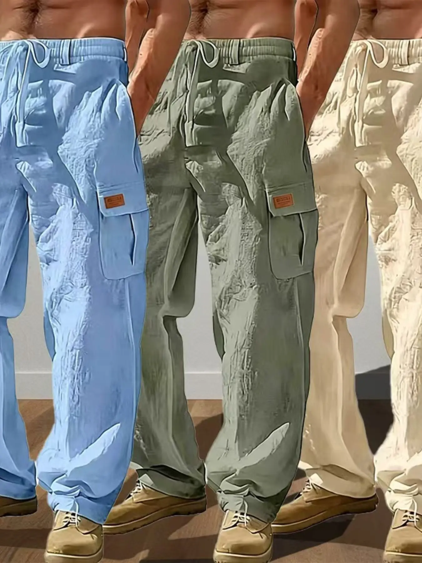 Men's Linen Work Pants, Drawstring Multi-Pocket Straight Leg, Breathable Plain Casual Cargo Pants, Outdoor Beach Leisure, Three-Piece Set, Breathable Soft Pants