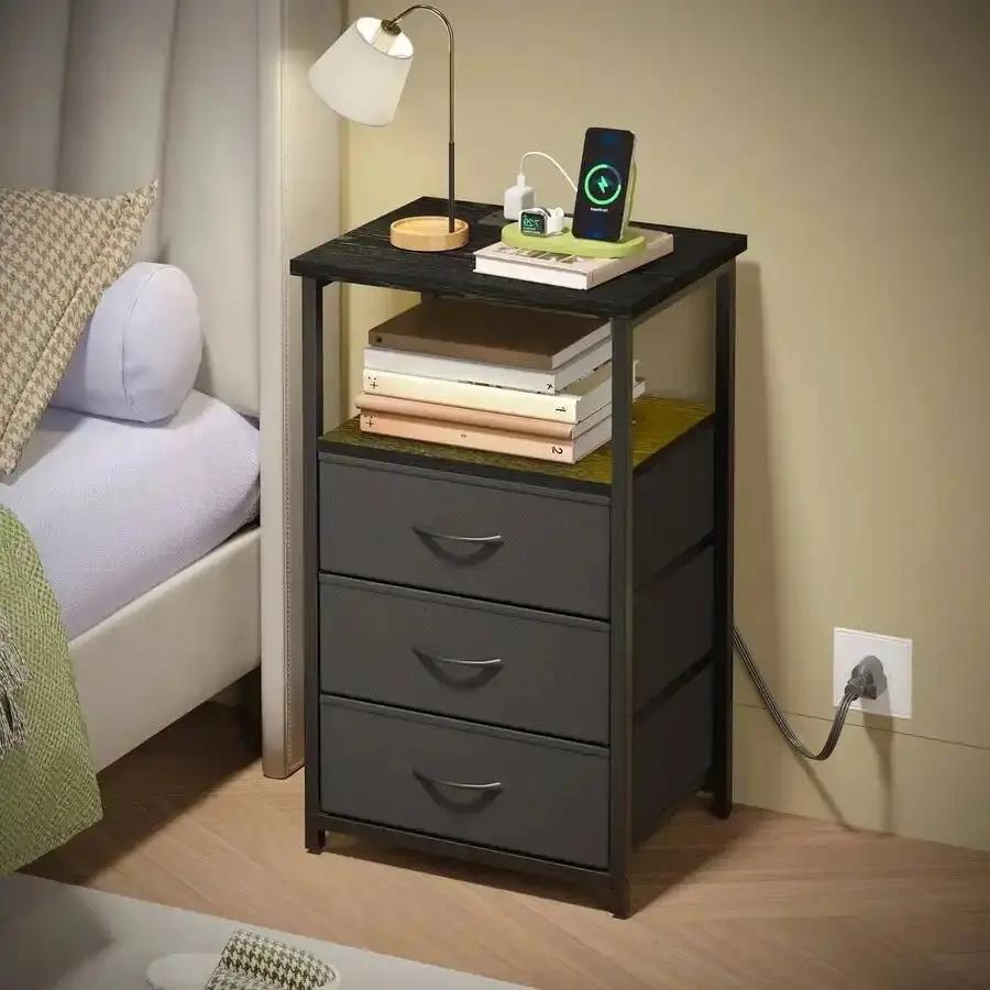 1/2pcs Nightstand With 3 Fabric Drawers Charging Station Bedside  Storage End  For Bedroom Marble Dining Table