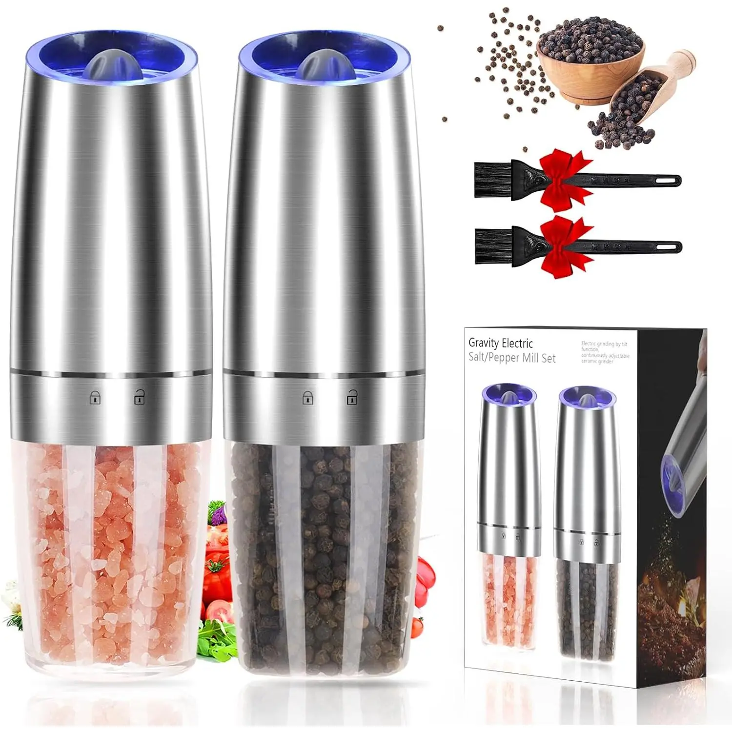 Automatic Gravity Electric Pepper and Salt , Adjustable Coarseness | Automatic Shakers Mill  with LED Light,  , Upgraded Larger Capacity,  Hand Operated (Sliver 2 Pack)