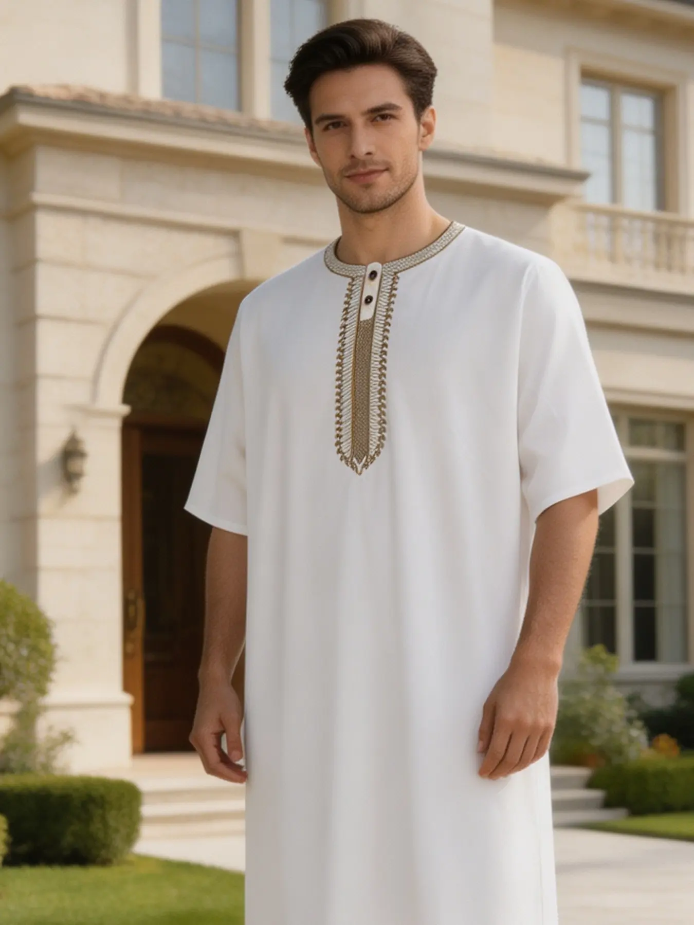 Luxurious Arab Men's Robe, Soft Non-Calcified Fabric, Short Sleeve, Round Neck, Suitable for Prayer, Modest Muslim Thobe, Elegant, All Seasons