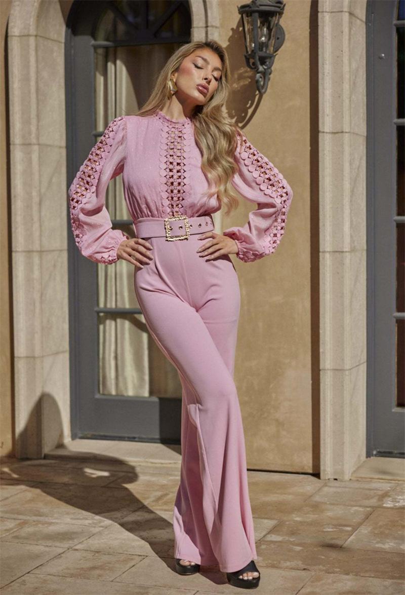 Woman Jumpsuit Birthday Long Sleeve Hollow Out High Waist One Pieces Overalls Club Party Outfits with Belt