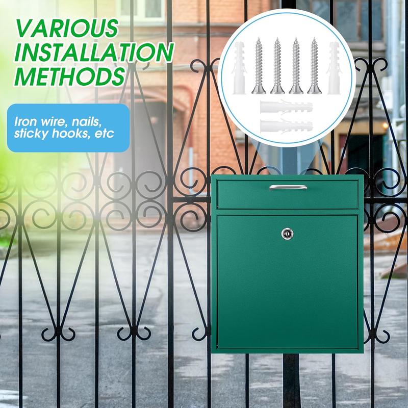 Locking Mailbox with Key for Outdoor 12 x 10.5 x 4.7 Inches Large Wall Mount Mail Box with Lock  Mail Drop Metal Collection Boxes Hanging Secure Postbox(Green)