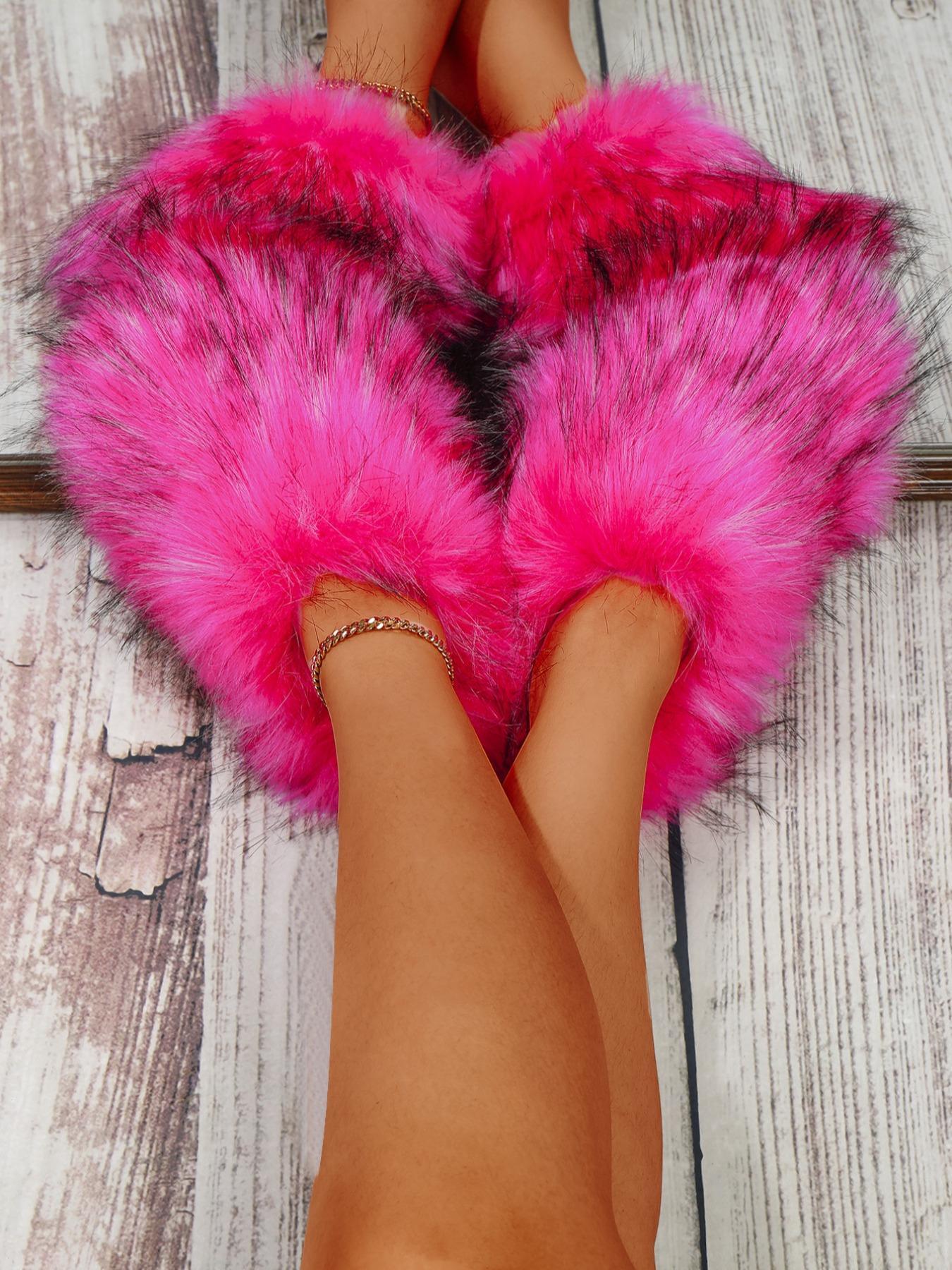 Women's Fashionable Minimalist Fluffy Slide Slippers, Soft Plush Faux Slippers, Fuzzy Warm Slippers, Warm & Cozy Bedroom Slippers for Fall & Winter, Fluffy Home Slippers