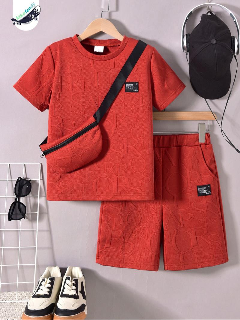 Three-piece Set Boy's Letter Pattern Co-ord Set, Casual Short Sleeve T-shirt & Shorts & Crossbody Bag, Summer Clothes for Kids