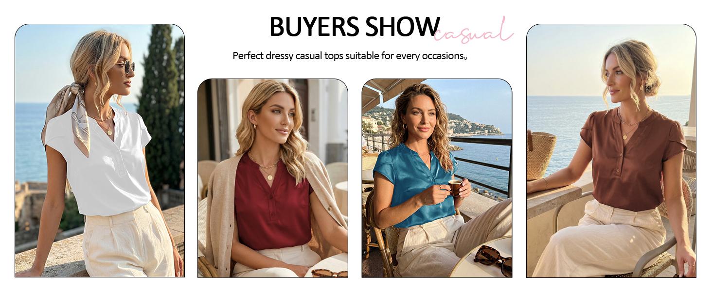 Yousify Women Satin Blouse for Women Business Work Tops Casual Cap Sleeve V Neck Button Down Shirts Yousify Women Satin Blouse for Women Business Work Tops Casual Cap Sleeve V Neck Button Down Shirts
