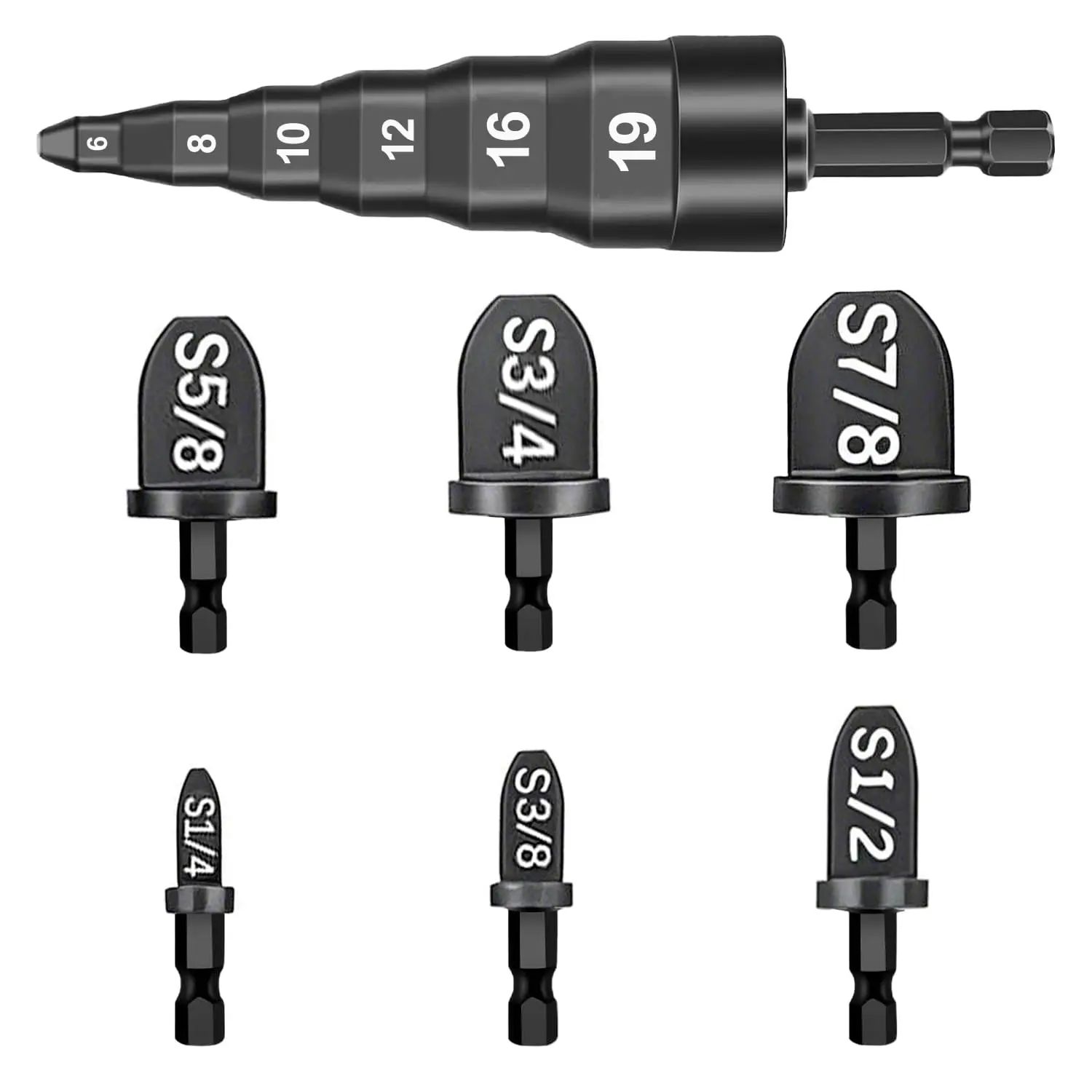 7 count HVAC Swaging Repairing Tool, Air Conditioner Copper Tube Expander with 6 in 1 6/8/10/12/16/19mm Kits, Flaring Drill Pipe Expander Tubing Set 1/4'', 3/8'', 1/2'', 5/8'', 3/4'', 7/8'' Bits