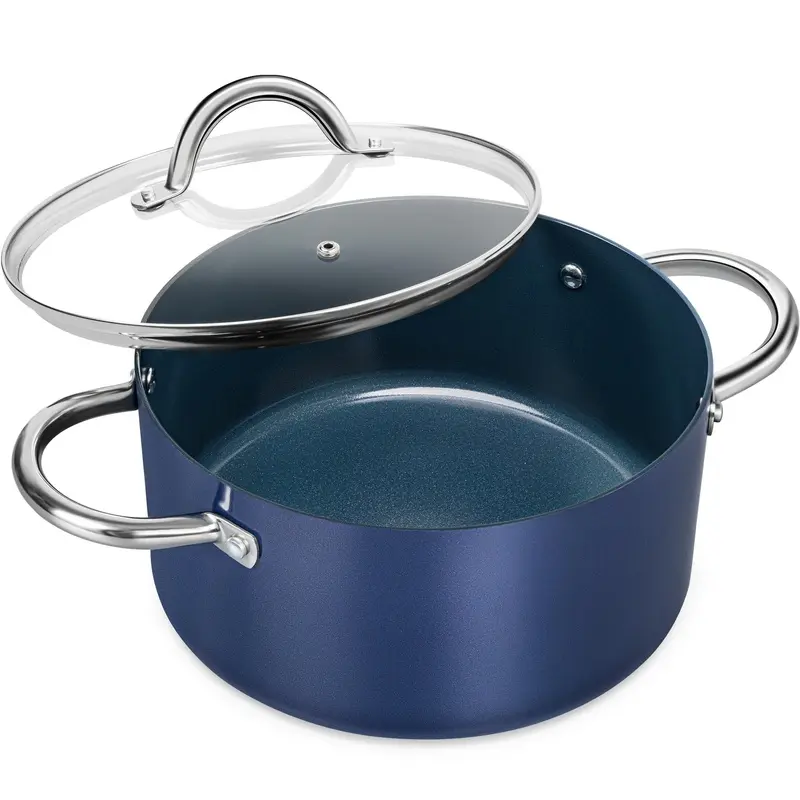 1pcs Blue Diamond Non-Stick Cooking Pot with Lid Induction Stove Compatible for Simmering Soup Stew Durable Aluminum Cookware Even Heat Distribution Oven Safe for Gas Stove
