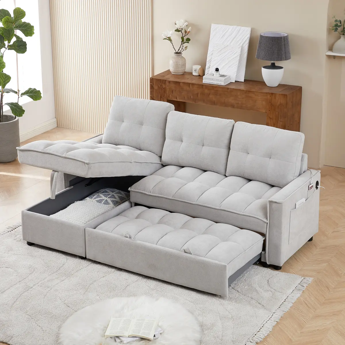 71.3" Reclining Sofa, Pull-Out Sofa Bed with USB and tape-c charging ports, L-Shaped Sectional Sofa with Reclining Storage and Arm Side Organizer Pocket Features, Living Room Comfort Sofa