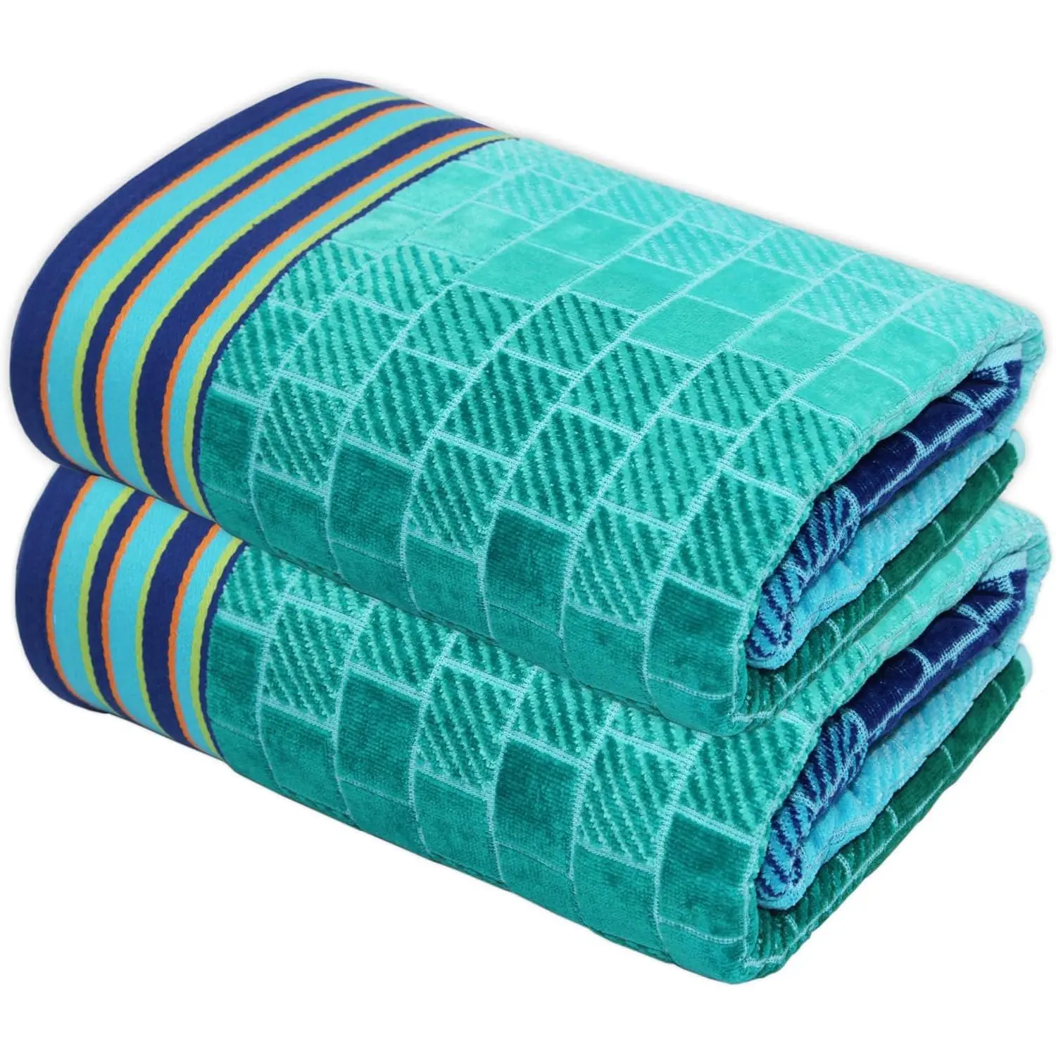 Oversized Beach Towels 2 Pack XXL 35x84 7 Foot Extra Large Beach Blanket Towel Big & Tall 100% Cotton Jacquard Velour Soft Luxury Towel for Pool Bath Blue Tiles