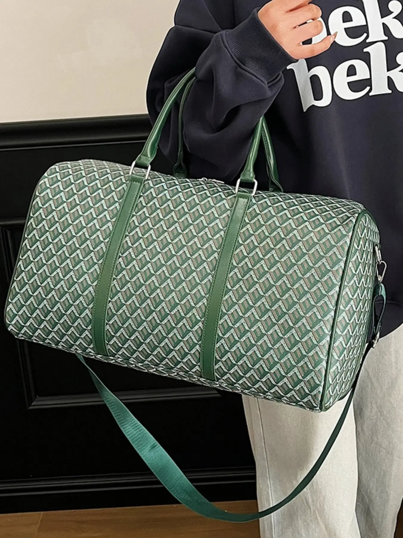 Vintage Geometric Jacquard Cylindrical Travel Duffle Weekender Bag, PU Leather Accent Handbag with Detachable Shoulder Strap, Lightweight Luxury Gym Bag