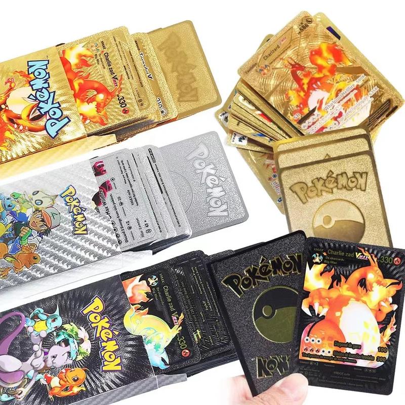 55PCS Pokemon Cards Gold Black Vmax GX Spanish English Charizard Card Box Mewtwo Rare Collection Battle Trainer Charizard Arceus Colour Pokemon Pikachu Card Children Toys Gifts