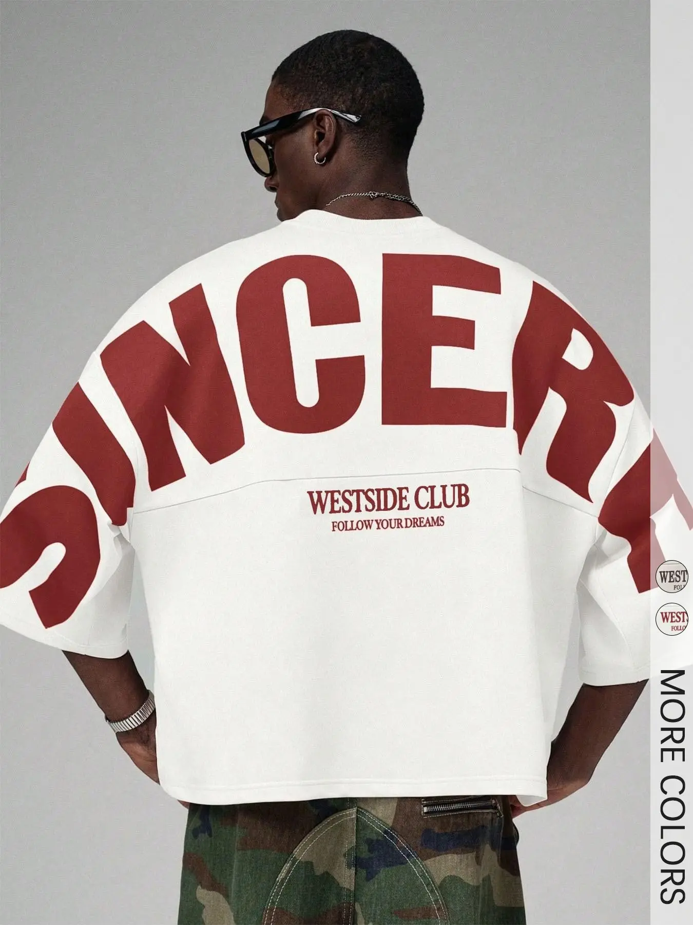Unisex Half Sleeve Graphic T-Shirt, Back Print with "SINCERE" and "WESTSIDE CLUB - FOLLOW YOUR DREAMS" Slogan, Boxy Fit Crew Neck Tee, Vintage Hip-Hop Streetwear Top, Fashion