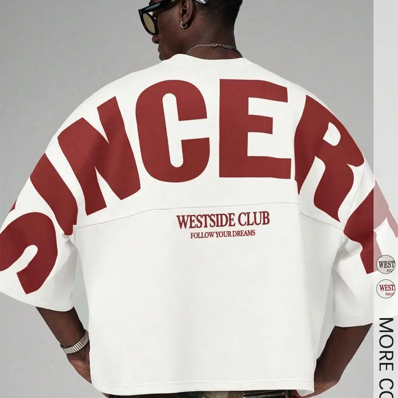 Unisex Half Sleeve Graphic Loose T-Shirt, Back Print with "SINCERE" and "WESTSIDE CLUB - FOLLOW YOUR DREAMS" Slogan, Boxy Fit Crew Neck Tee, Vintage Hip-Hop Streetwear Top