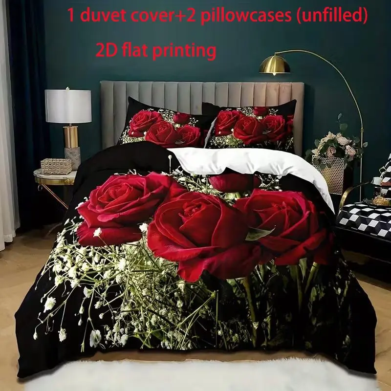 3-piece romantic lover rose Decorative bedding set, including 1 duvet cover and 2 pillowcases (unfilled) made of polyester material, comfortable throughout the four seasons, Duvet Cover Sets