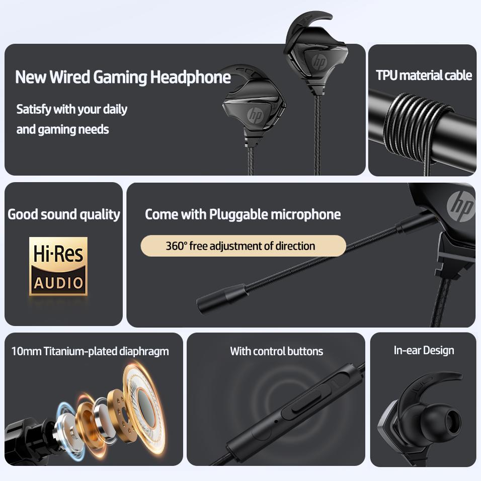 HP DHH-3113 Wired in-ear Headphone, Portable Wired Earbuds with Microphone, Earbuds for Gaming, Live Streaming, Sports & Gym, Audio, Fitness Earbuds, Wired Headphones