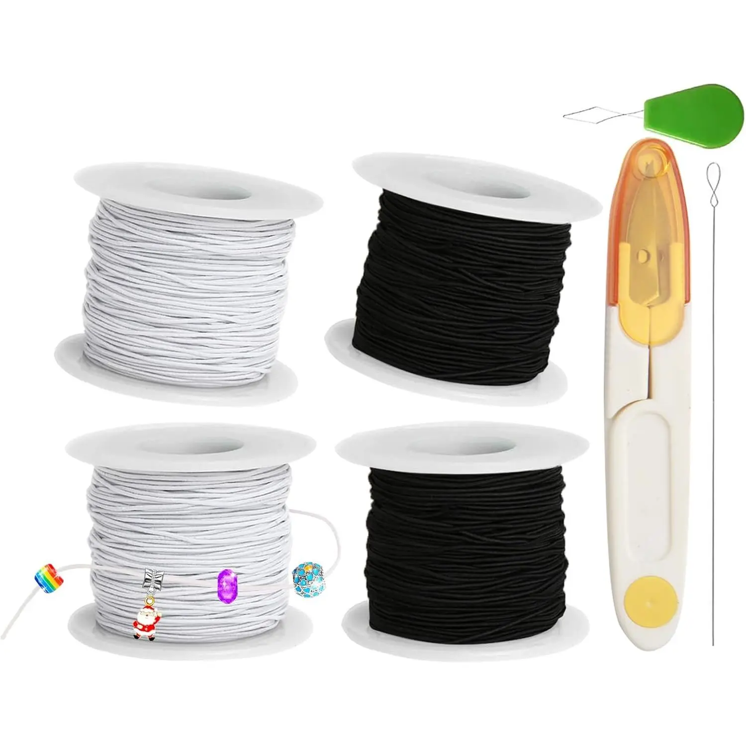 Stretchy String for Bracelet Making Kit, 4 Rolls 660 ft 1mm Elastic Cord, 2 Black & 2 White, Includes Soft Measuring Tape & Craft  for  Beading, Necklaces, DIY Crafts