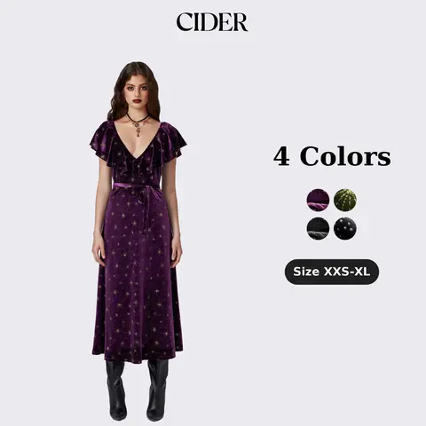 Cider Velvet V-neck Star Ruffle Tie Back Midi Dress